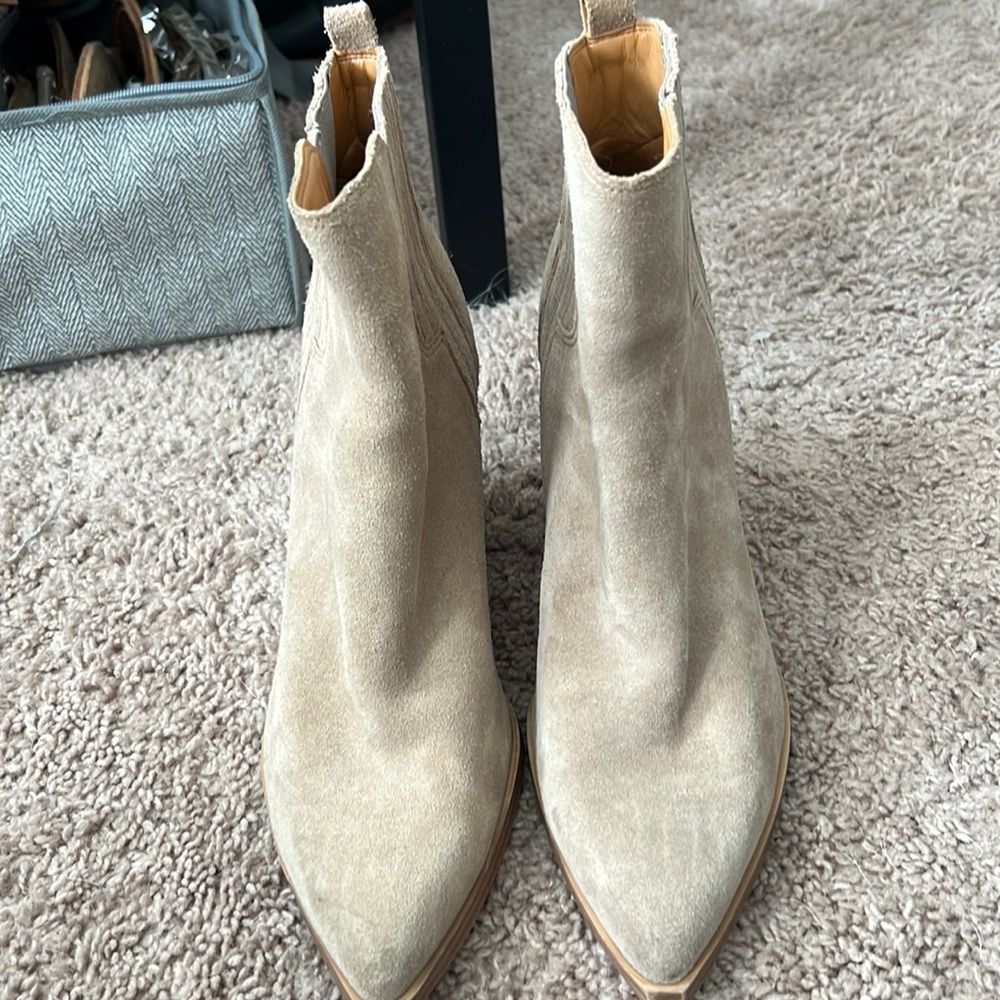 Marc Fisher Beige Suede Pointed-Toe Chelsea Heeled Boots